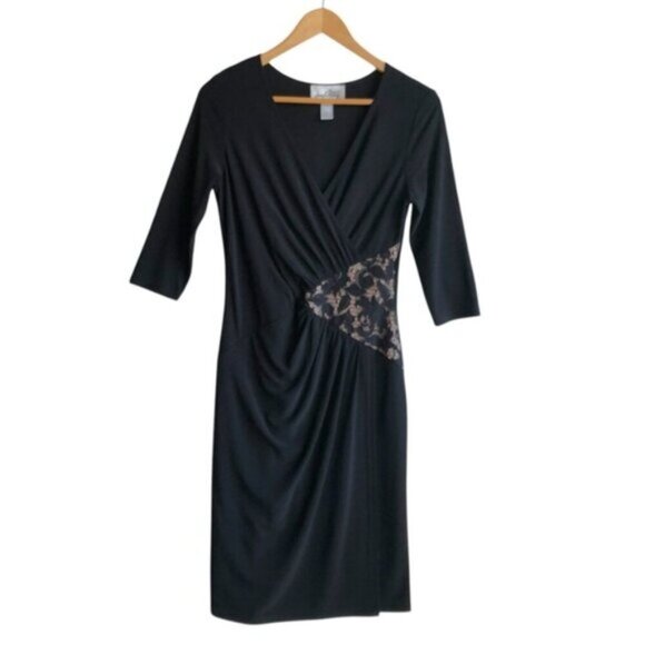 Joseph Ribkoff Faux Wrap Dress Black Size 8 Elegant Lace Cut Out - Picture 2 of 10